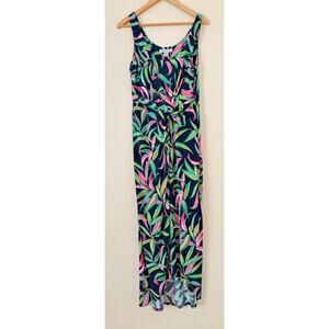 Tommy Bahama Maxi Dress HiLo M Navy Pink Tropical Botanical Faux Wrap Resort